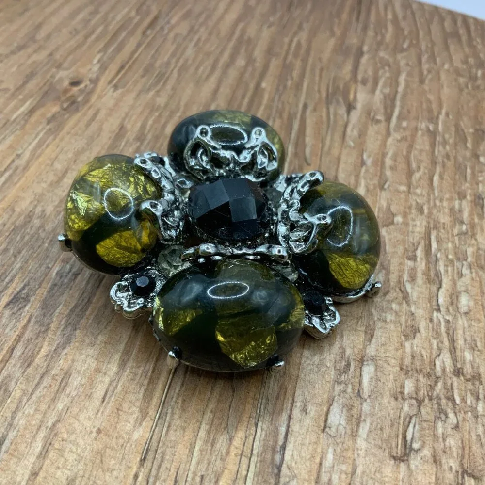 Dark Green Lucite Cabochons Vintage Silver Tone Black Rhinestone Center Brooch
